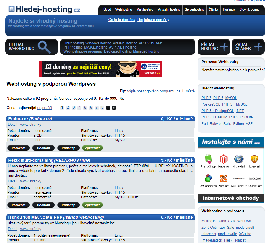 Webová stránka Hledej-hosting.cz