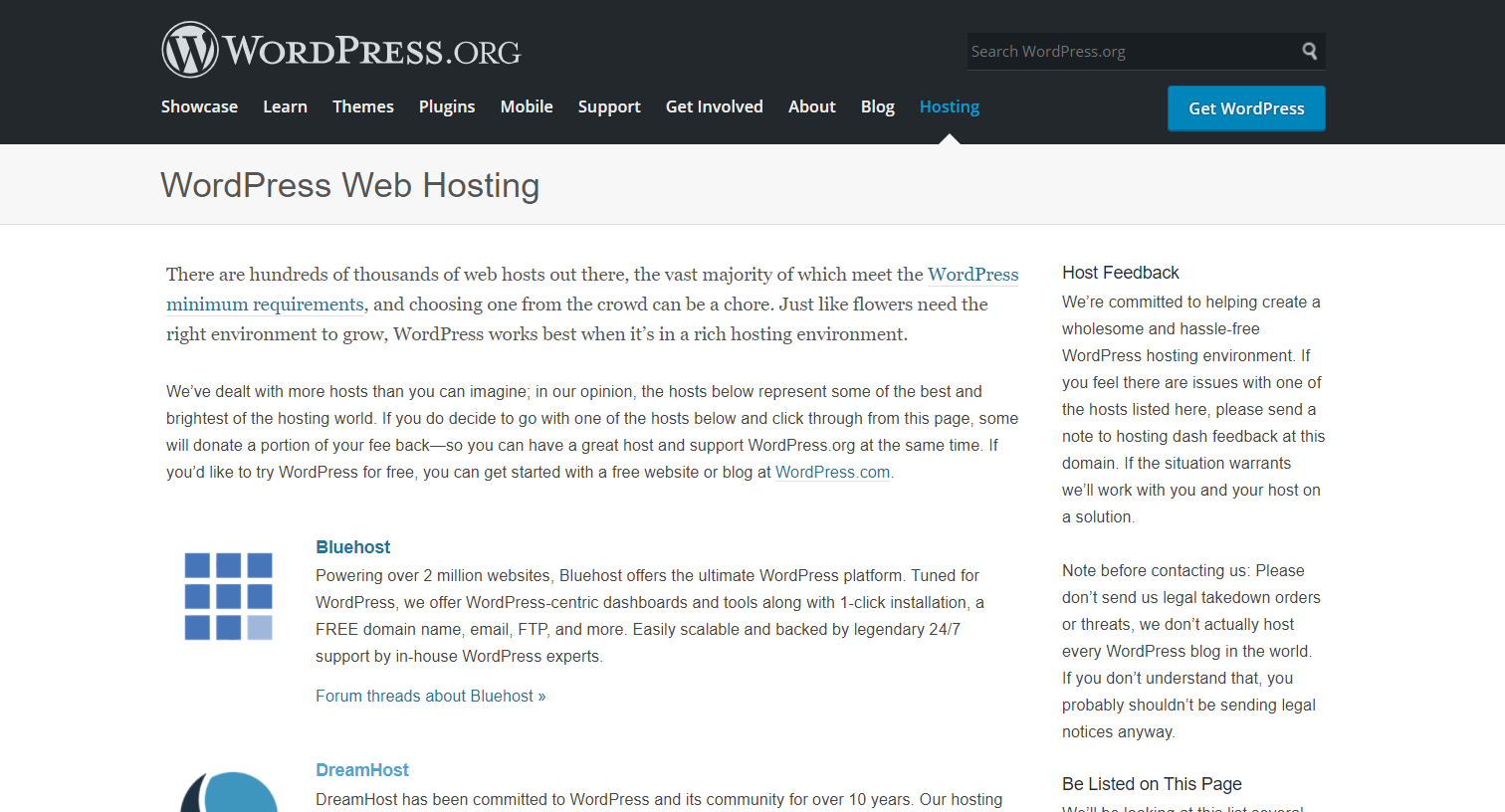 Stránka WordPress.org s hostingy
