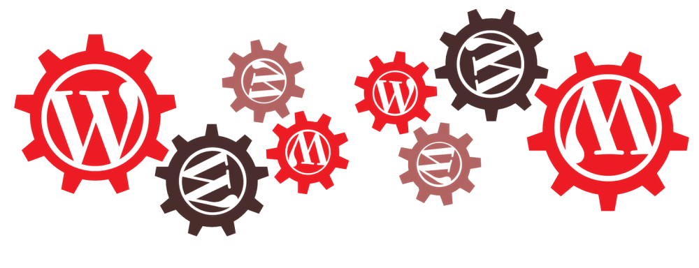 Ilustrace s do sebe zapadajícími ozubenými koly obsahujícími loga WordPressu